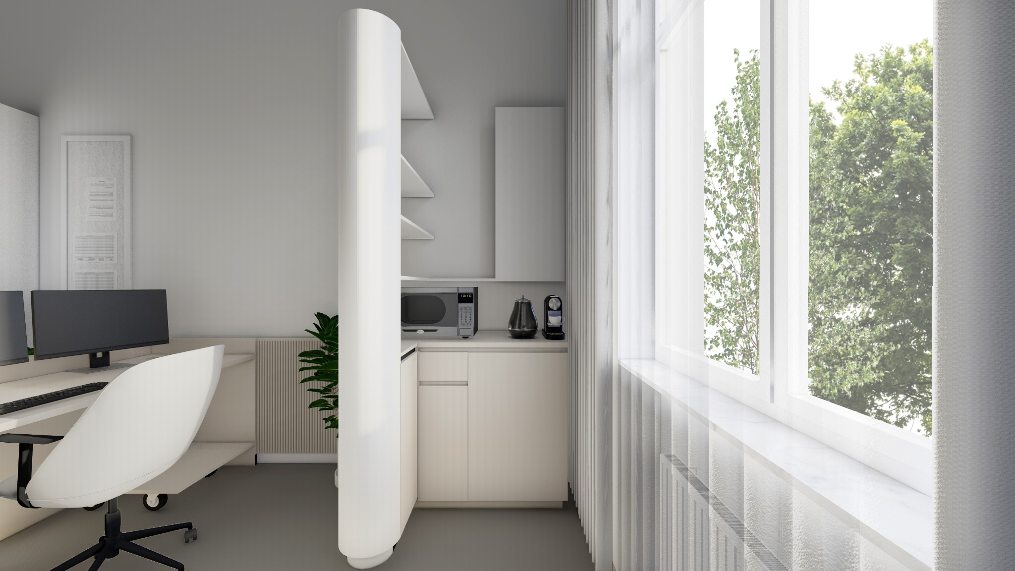 Wizualizacja minimalistycznego biura z aneksem kuchennym, jasne kolory, duże okno z widokiem na drzewa, białe meble i krzesło biurowe.