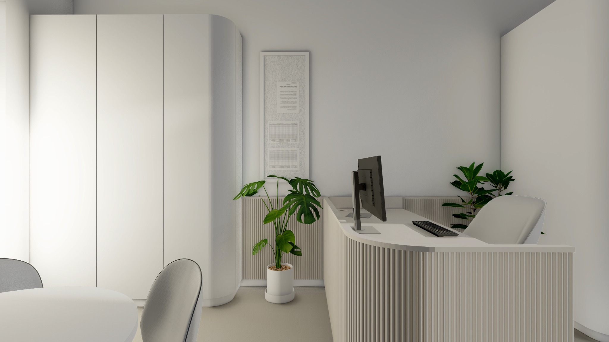 Minimalistyczne biuro z białą recepcją o zaokrąglonych kształtach, roślinami doniczkowymi i elementami dekoracyjnymi w postaci listew na ścianie oraz ramy z dokumentami.