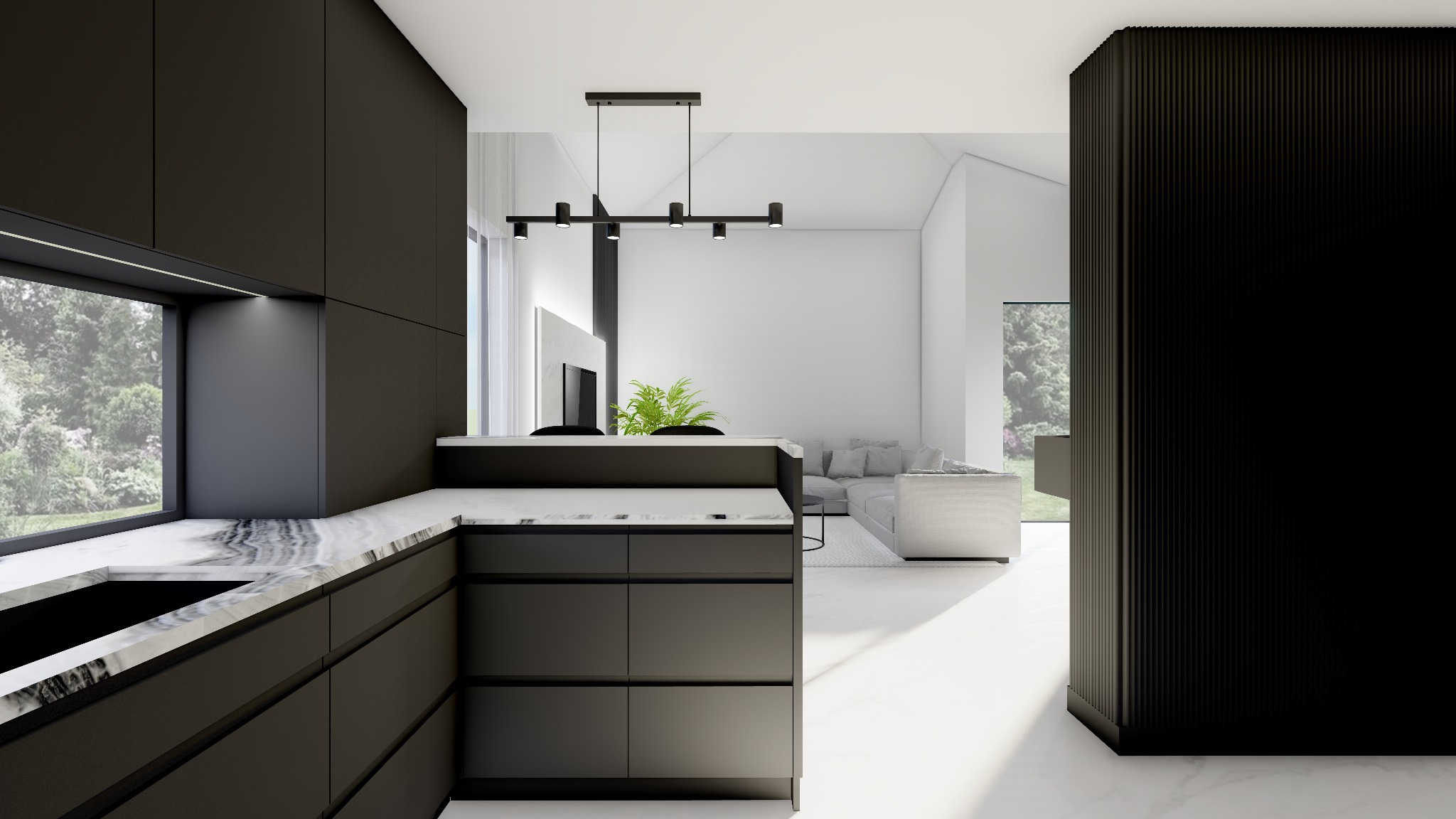 Nowoczesna kuchnia z czarnymi szafkami i marmurowym blatem, widok na salon z szarą sofą i oknem z widokiem na zieleń.