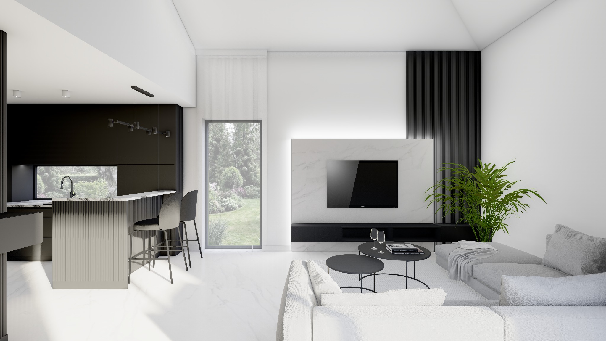 Nowoczesny salon z otwartą kuchnią, biała marmurowa podłoga, czarne meble kuchenne z wyspą i hokerami, ściana TV z marmurowym panelem i czarnymi lamelami, szara sofa i okrągłe stoliki kawowe...