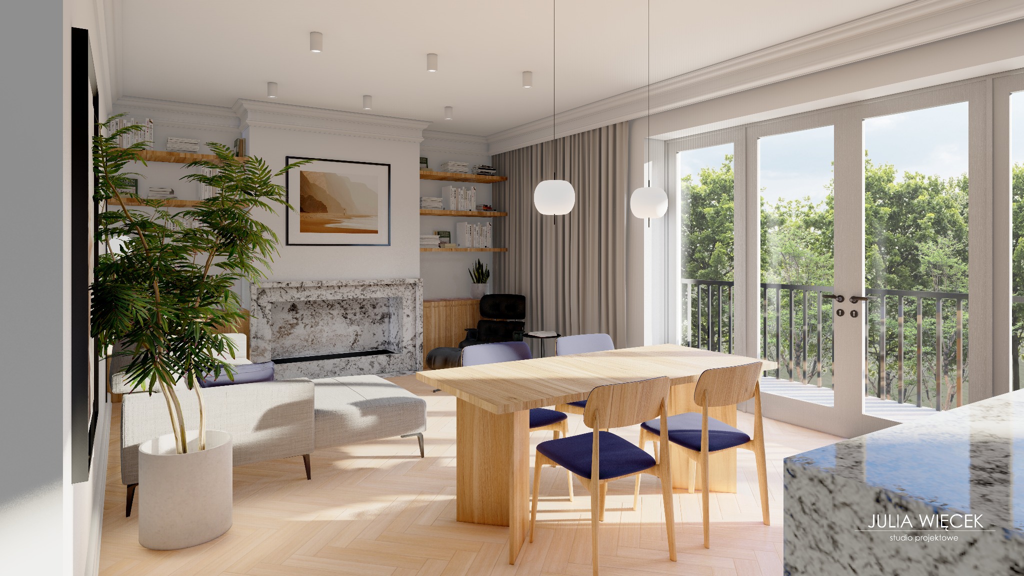 Jasny salon w Dębicy z drewnianym stołem i krzesłami z granatowymi siedziskami, marmurowym kominkiem i dużymi oknami balkonowymi z widokiem na zieleń.