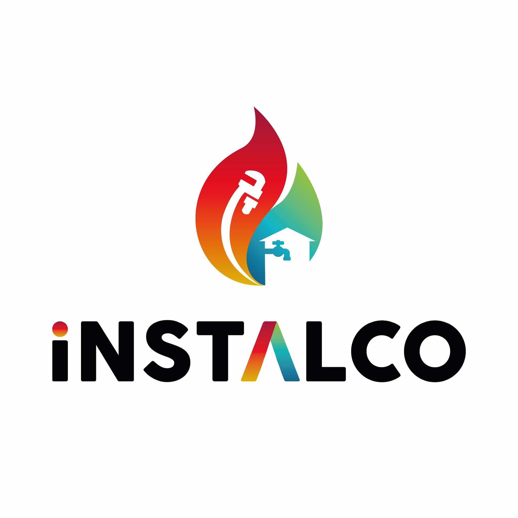 Logo firmy instalacyjnej iNSTALCO z motywem płomienia, klucza hydraulicznego i kranu w kształcie domu