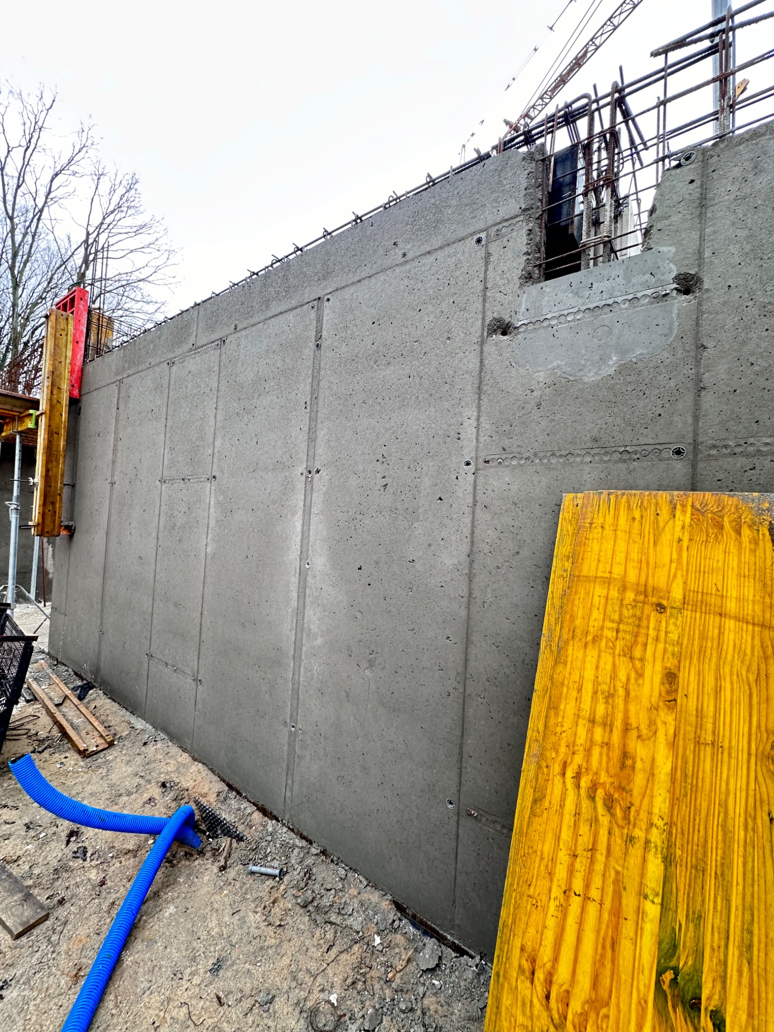 Świeżo wylana, segmentowa ściana fundamentowa z widocznym zbrojeniem u góry, szalunkami i niebieskim przewodem na ziemi. W tle widać drzewa i żuraw budowlany.