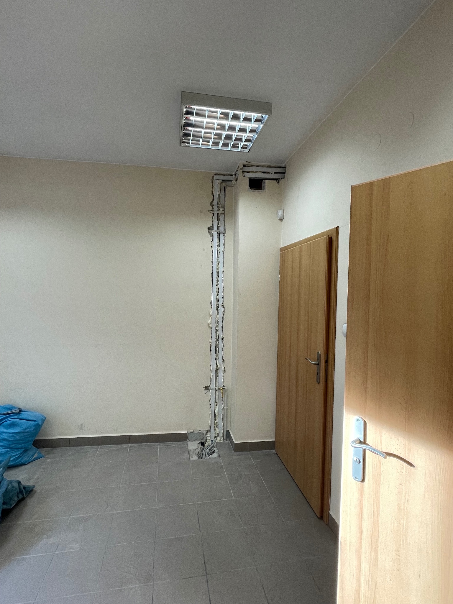 Wnętrze z widoczną instalacją elektryczną w ścianie, sufitową lampą rastrową i fragmentem otwartych drzwi. Przewody prowadzone pionowo wzdłuż ściany.
