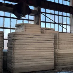 Stosy płyt betonowych z uchwytami, składowane w hali w Radymnie, widoczne okna i konstrukcja stalowa pod sufitem.