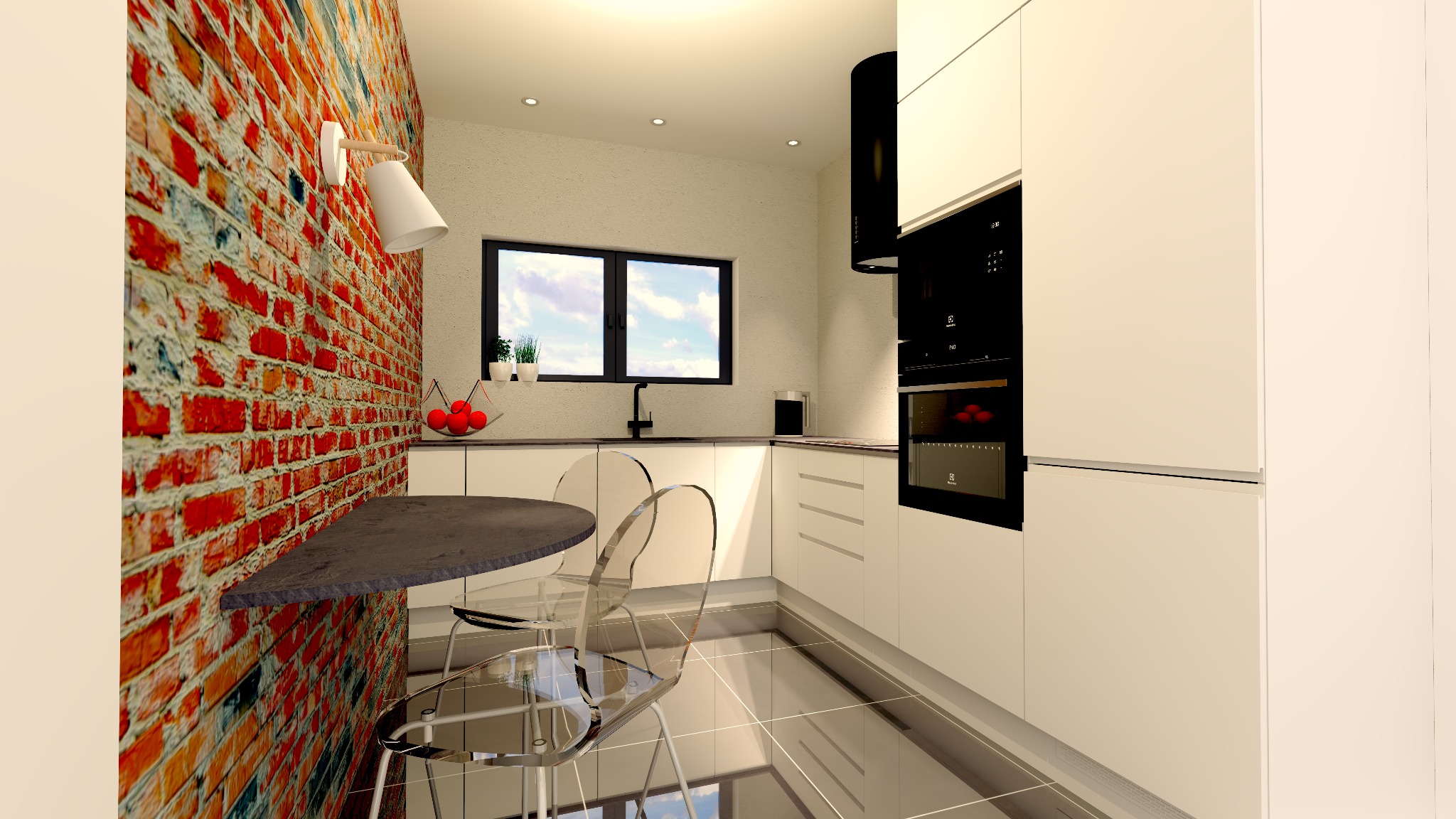 Wizualizacja nowoczesnej kuchni z białymi szafkami, czarnym piekarnikiem i okapem, ceglaną ścianą z zamontowaną lampą, okrągłym blatem i przezroczystymi krzesłami.