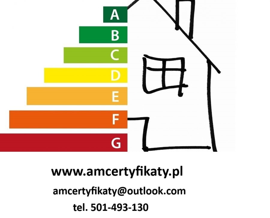 Ilustracja przedstawia schemat klas energetycznych od A do G obok uproszczonego rysunku domu, z adresem strony internetowej, adresem e-mail i numerem telefonu.