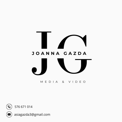 Minimalistyczne logo firmy Joanna Gazda Media & Video, czarne litery JG na jasnoszarym tle, poniżej dane kontaktowe: numer telefonu i adres e-mail.