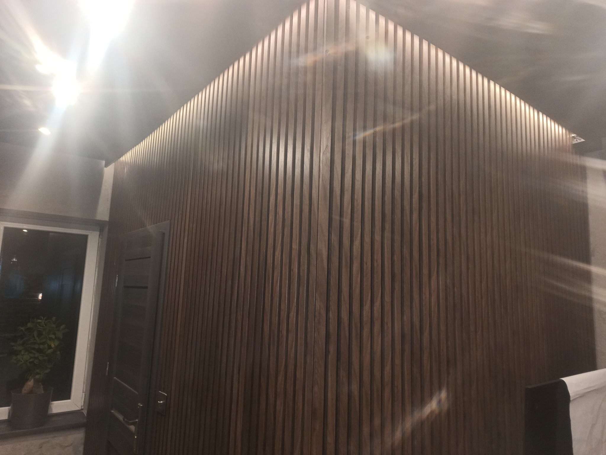 Ściana wykończona panelami pionowymi z ciemnego drewna, oświetlona punktowo, z widocznymi drzwiami i rośliną doniczkową w tle.