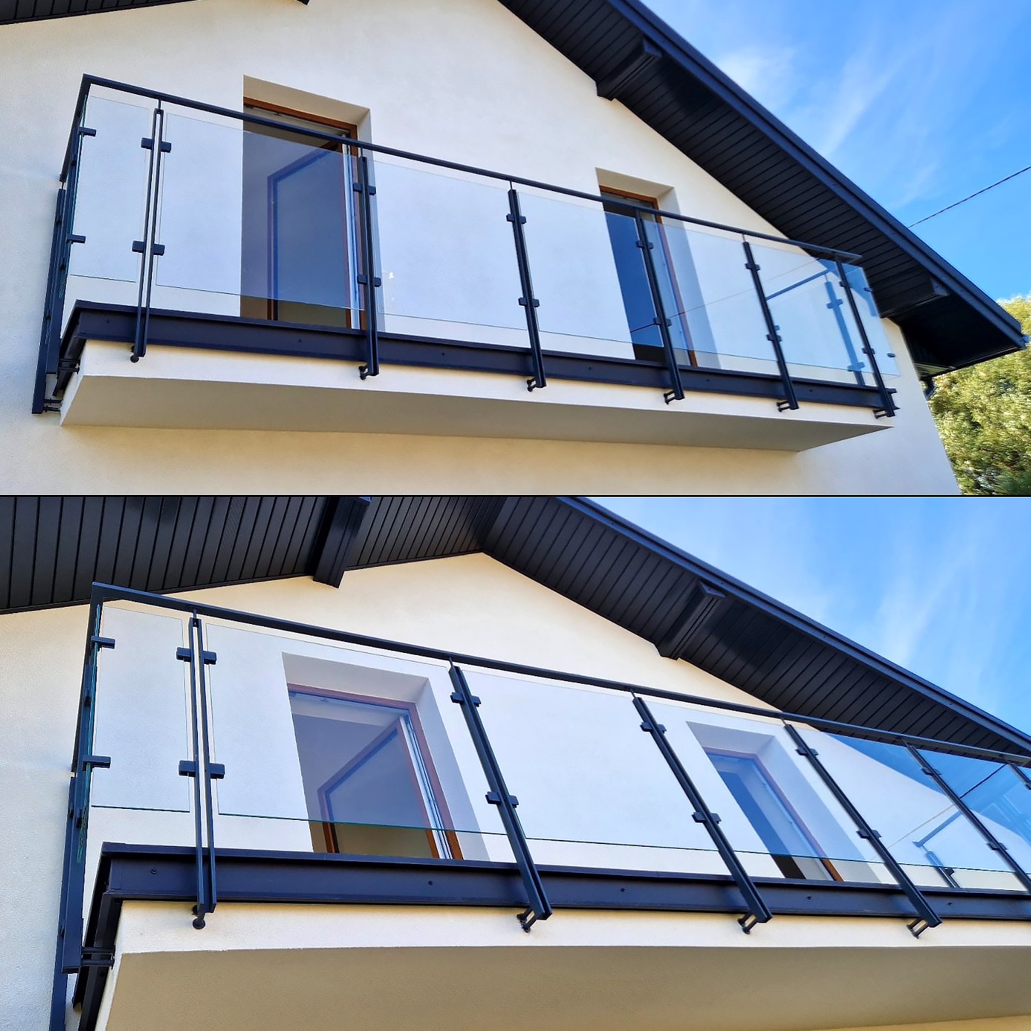 Nowoczesna balustrada balkonowa ze szkła i czarnych metalowych słupków, widok z dołu na tle błękitnego nieba i fragmentu elewacji domu.