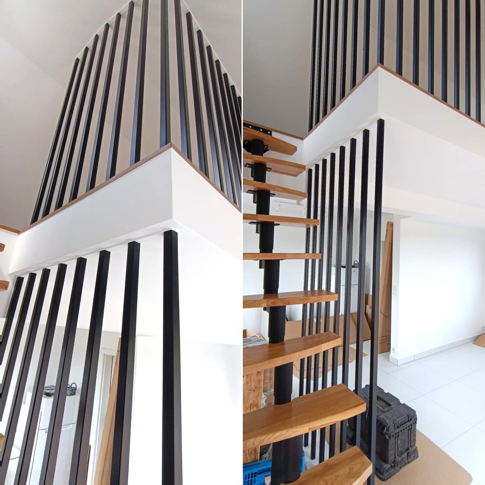 Nowoczesna balustrada schodowa z czarnych, pionowych elementów i drewnianymi schodami spiralnymi, widok z dołu.