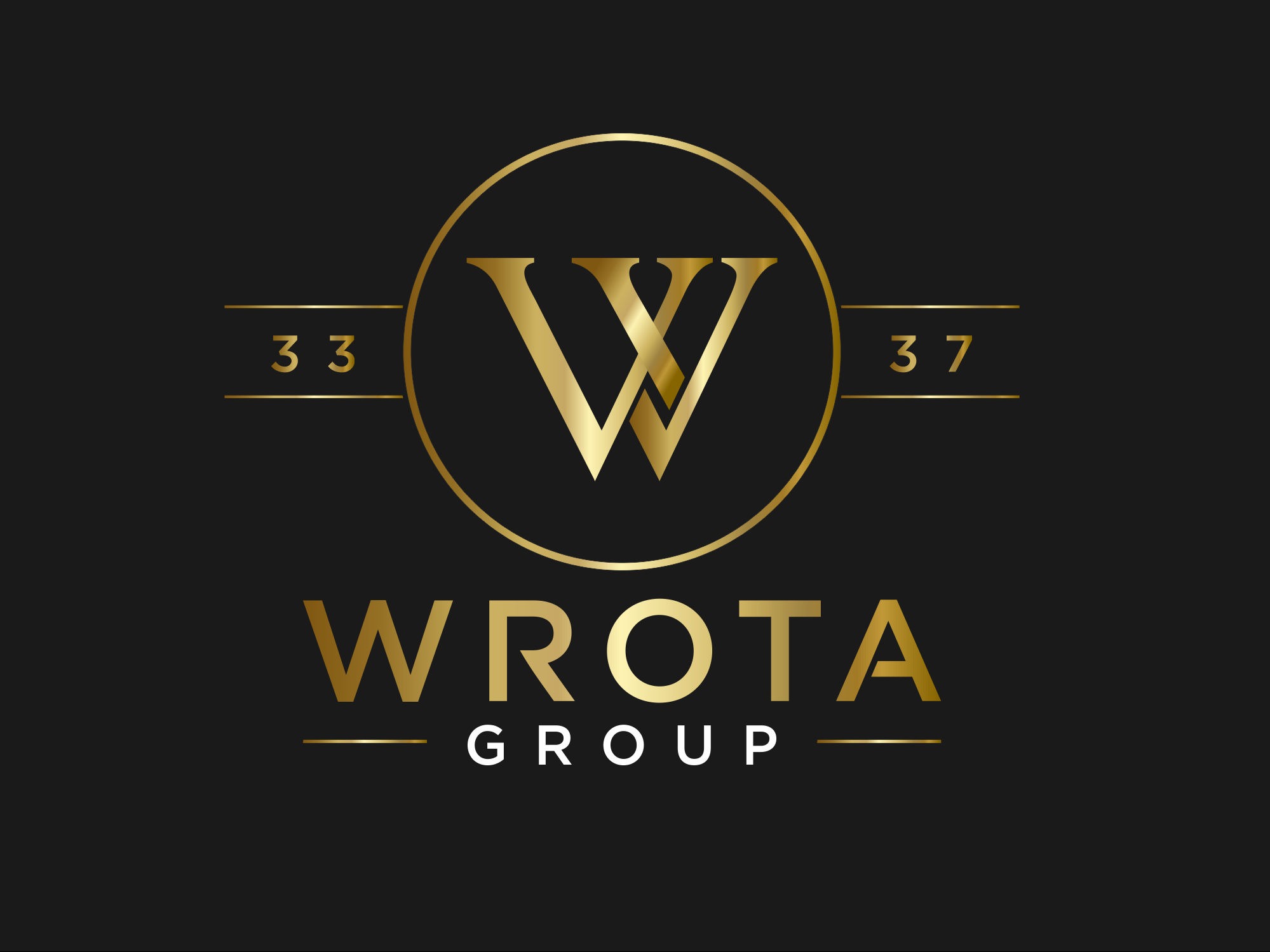 Złote logo firmy Wrota Group na czarnym tle, z dużą literą W w okręgu i numerami 33 i 37 po bokach.