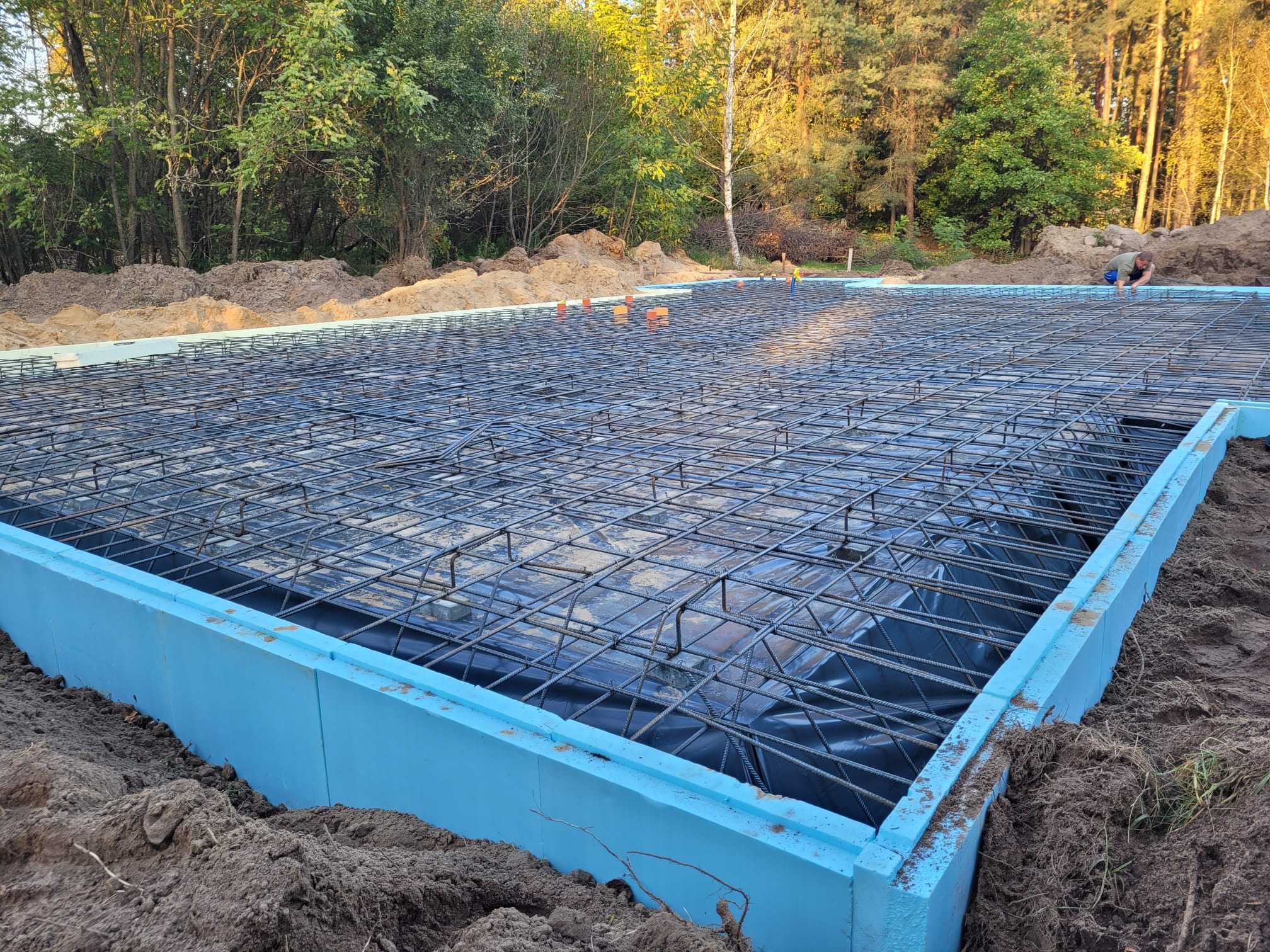Zbrojenie płyty fundamentowej w szalunku z niebieskiego styropianu, widok z góry na siatkę z prętów stalowych ułożoną na czarnej folii, w tle zalesiony teren.