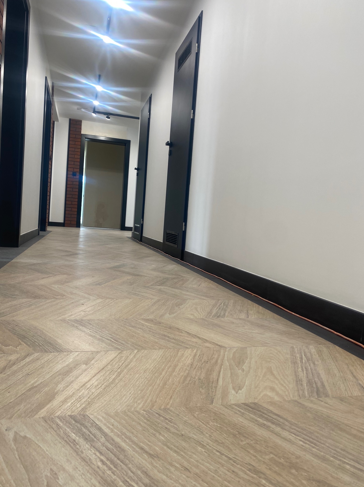 Korytarz z jasną podłogą ułożoną w jodełkę, białe ściany z czarnymi listwami przypodłogowymi, czarne drzwi i oświetlenie sufitowe w perspektywie zbieżnej.