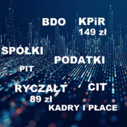 Abstrakcyjne tło w odcieniach niebieskiego z białymi napisami: BDO, KPiR 149 zł, SPÓŁKI, PODATKI, PIT, RYCZAŁT 89 zł, CIT, KADRY I PŁACE.