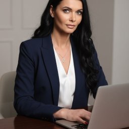 CreaVista Monika Terelak - Profesjonalny portret kobiety w granatowym żakiecie, pracującej na laptopie przy biurku. Subtelna biżuteria i ciemne włosy dodają elegancji.