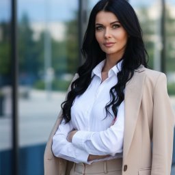 CreaVista Monika Terelak - Portret kobiety w beżowym garniturze i białej koszuli, z rękami skrzyżowanymi na tle szklanej fasady budynku. Profesjonalny wizerunek.