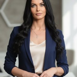 CreaVista Monika Terelak - Portret kobiety w granatowym garniturze, z delikatną biżuterią, na neutralnym tle biurowym. Profesjonalny wizerunek.