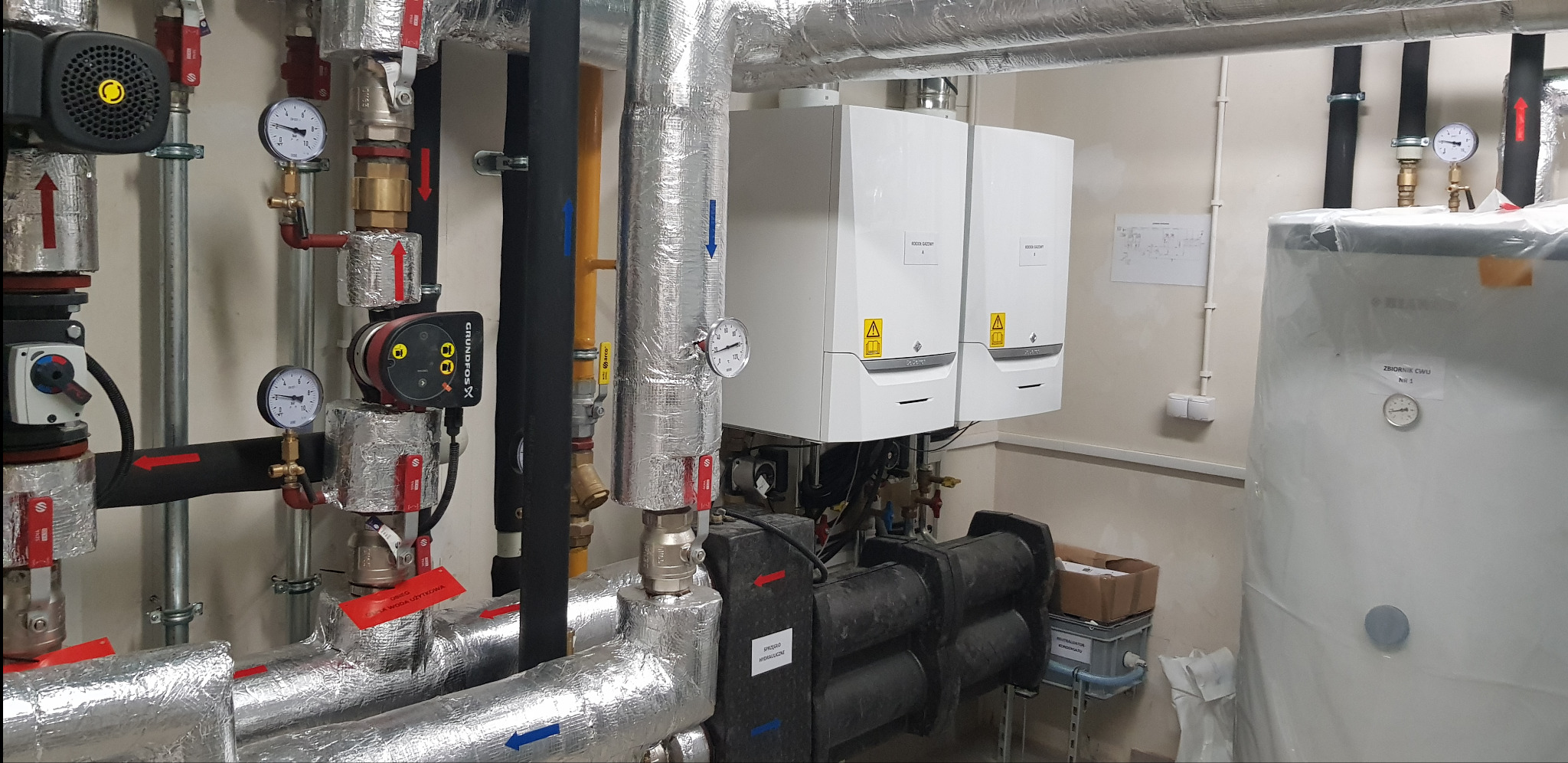 Kompleksowa instalacja grzewcza: dwa białe piece gazowe, rury w izolacji aluminiowej z czerwonymi i niebieskimi strzałkami wskazującymi przepływ, manometry, pompy obiegowe i zbiornik CWU...