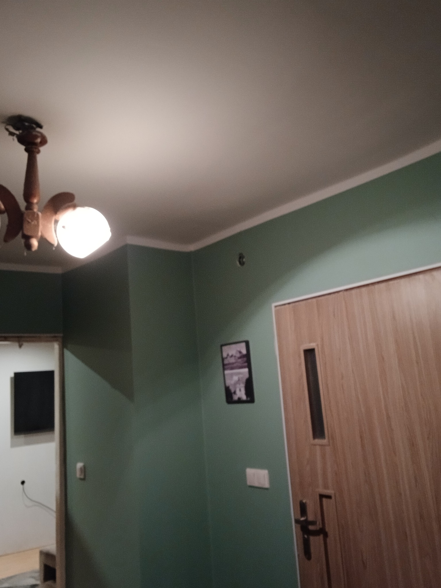 Pomieszczenie po malowaniu ścian na zielono, widoczny fragment sufitu z lampą, drzwi wewnętrzne i obrazek na ścianie. Świeżo pomalowane ściany.