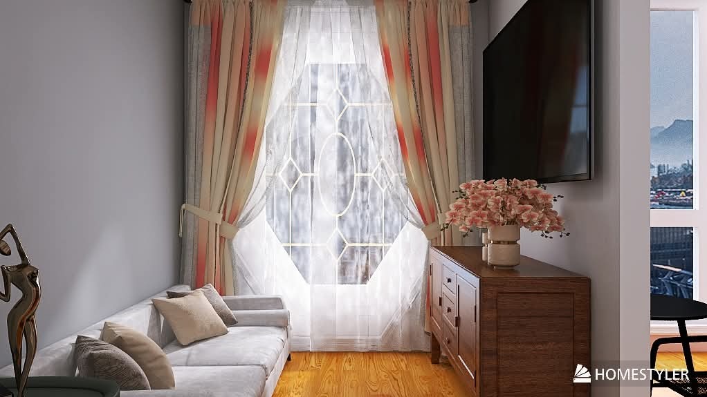 Salon z sofą, komodą z kwiatami, telewizorem i oknem z ozdobnymi zasłonami. Aranżacja wnętrza w jasnych kolorach z drewnianą podłogą.