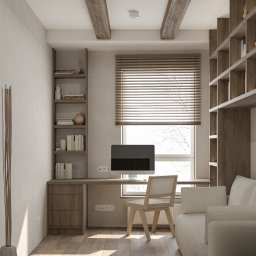 AWÓ. STUDIO PROJEKTOWE ANNA WÓJCIK - Jasne biuro domowe z drewnianymi belkami stropowymi, biurkiem zintegrowanym z regałem, minimalistycznym krzesłem i widokiem na zimowy krajobraz za oknem.
