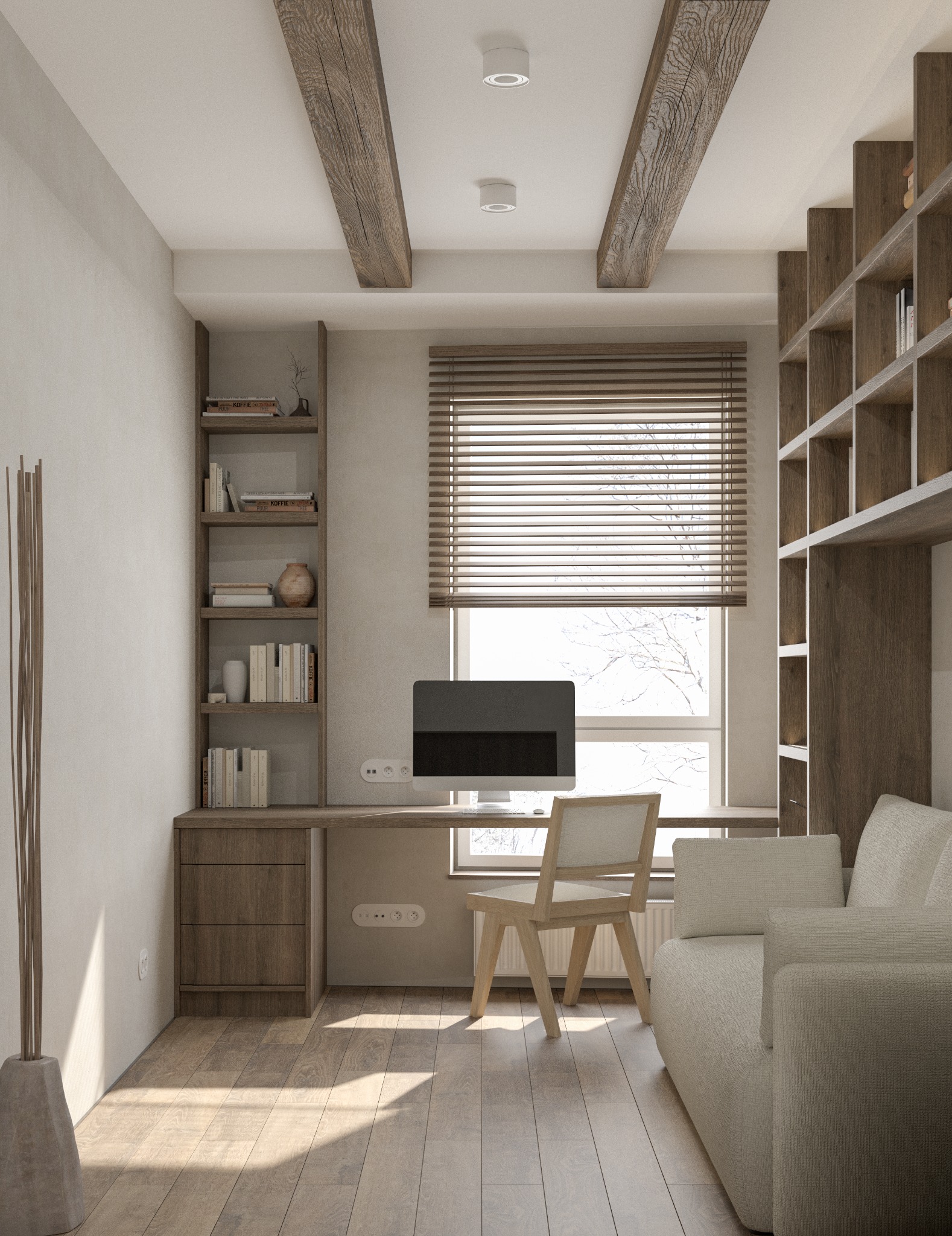 Jasne biuro domowe z drewnianymi belkami stropowymi, biurkiem zintegrowanym z regałem, minimalistycznym krzesłem i widokiem na zimowy krajobraz za oknem.