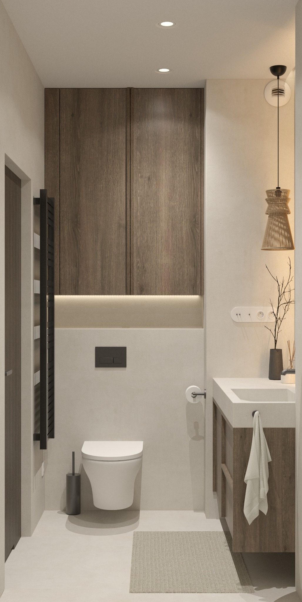 Nowoczesna łazienka z wiszącą toaletą, szafkami z drewnianą okleiną, grzejnikiem drabinkowym i plecioną lampą wiszącą, utrzymana w stonowanej kolorystyce beżu i brązu.
