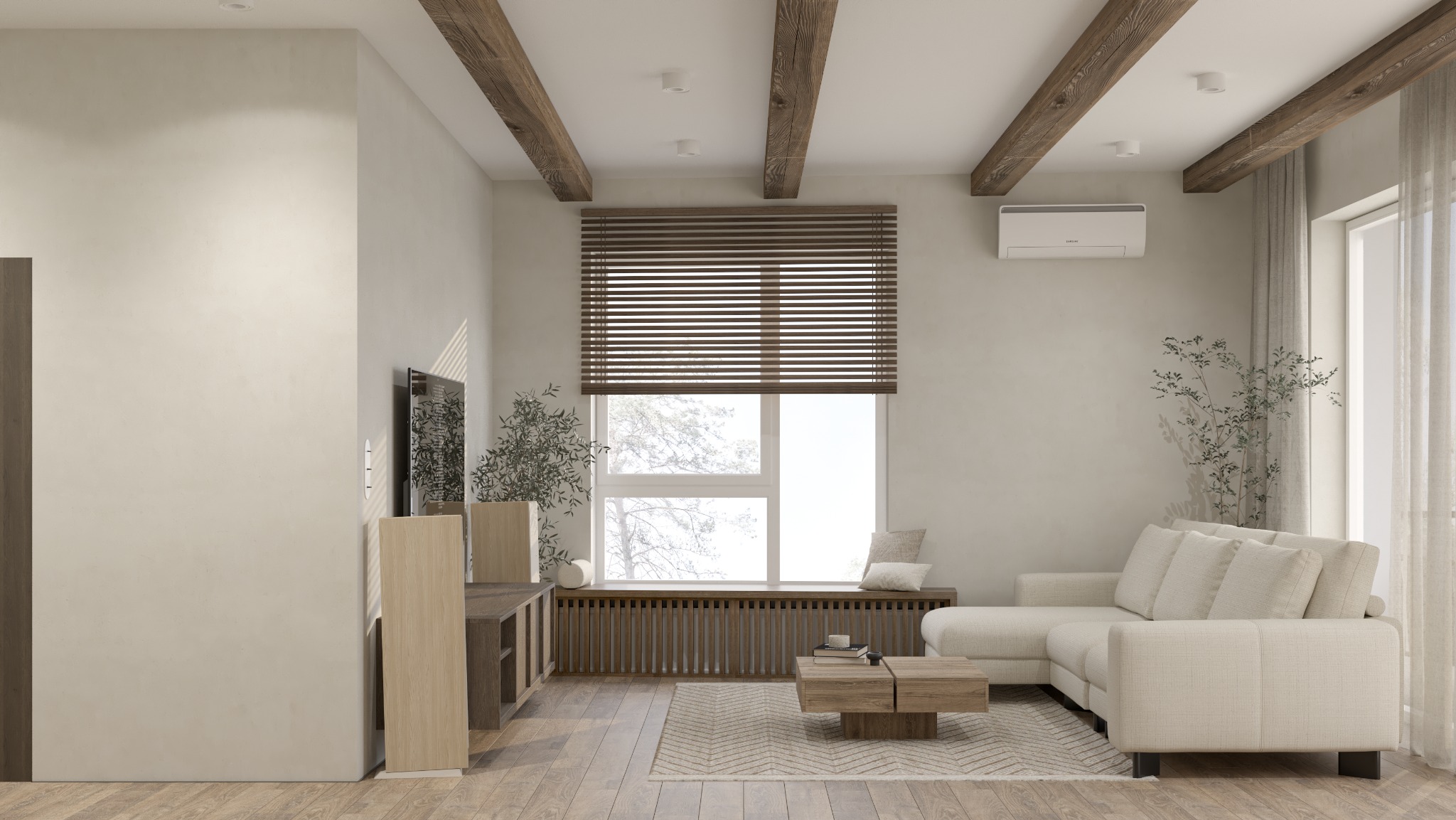 Jasne wnętrze salonu z drewnianymi belkami stropowymi, roletami w oknie i narożną sofą w neutralnych barwach.