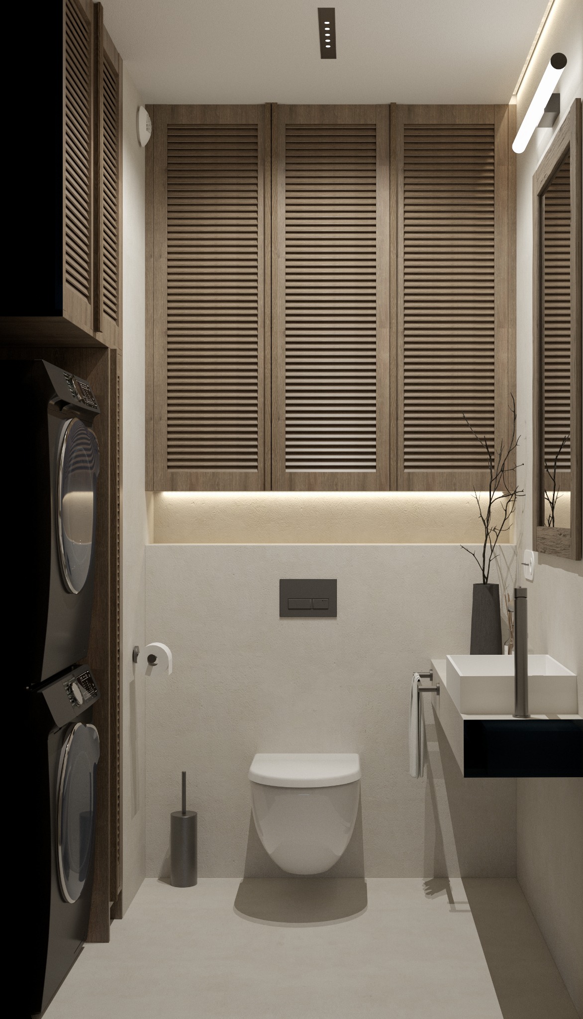 Nowoczesna łazienka z pralką w zabudowie, drewnianymi szafkami z żaluzjami, podświetleniem LED, umywalką nablatową i minimalistyczną toaletą w neutralnej kolorystyce.