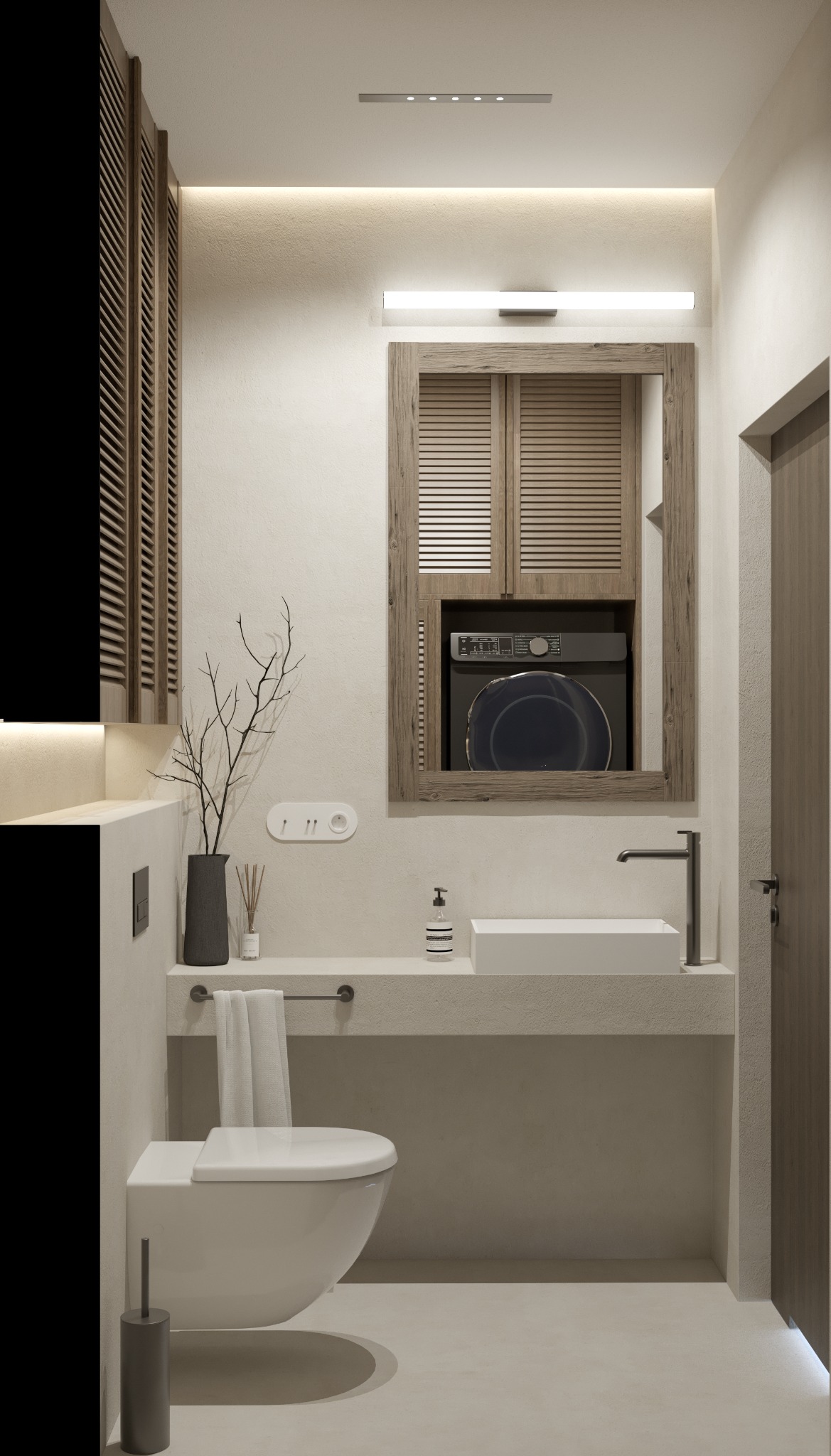 Minimalistyczna łazienka z ukrytą pralką za drewnianymi żaluzjami, umywalką nablatową, wiszącą toaletą i dekoracyjnymi gałązkami w wazonie.