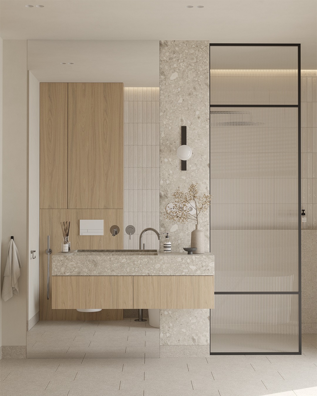 Nowoczesna łazienka w Krasnołęgu z drewnianymi szafkami pod umywalką z blatem z lastryko, szklaną kabiną prysznicową z ryflowanego szkła i minimalistycznym oświetleniem.