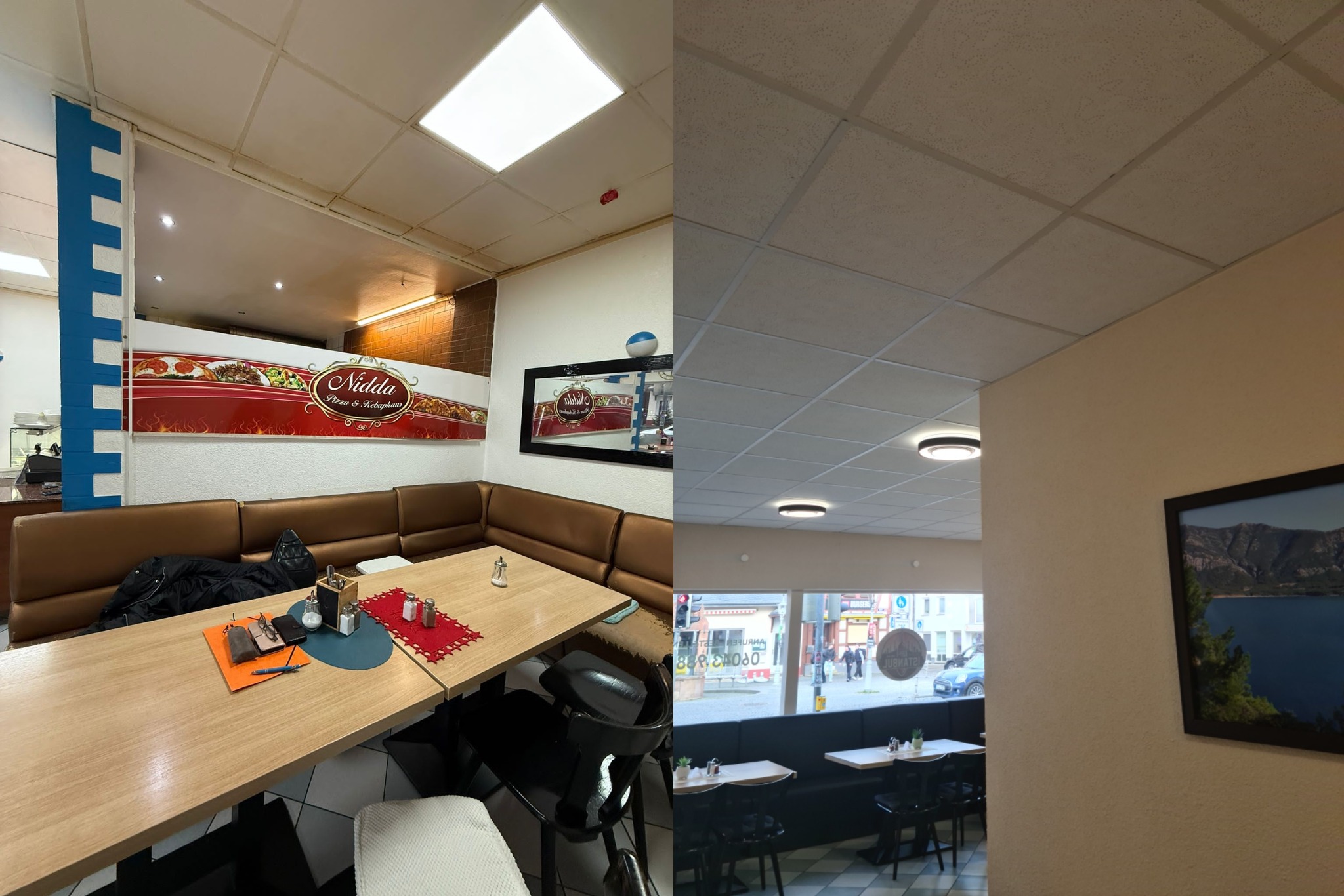 Wnętrze lokalu gastronomicznego z brązowymi kanapami, stołami z drewna i sufitem kasetonowym, widoczny szyld 'Nidda Pizza & Kebaphaus' oraz obraz z motywem górskiego jeziora.