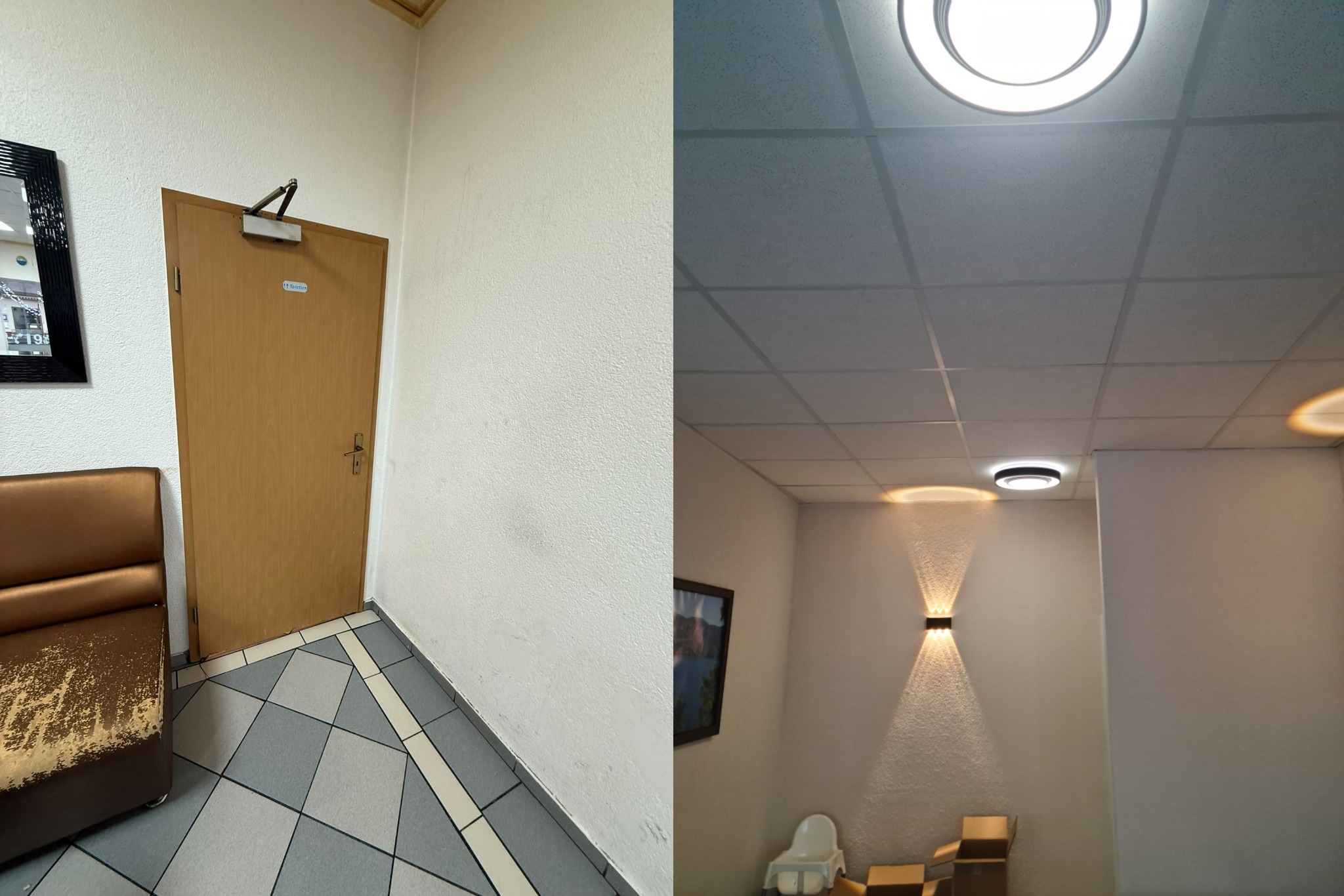 Fragment wnętrza biurowego z widoczną częścią uszkodzonej sofy, drzwiami z samozamykaczem i dekoracyjnym oświetleniem ściennym oraz kasetonowym sufitem.