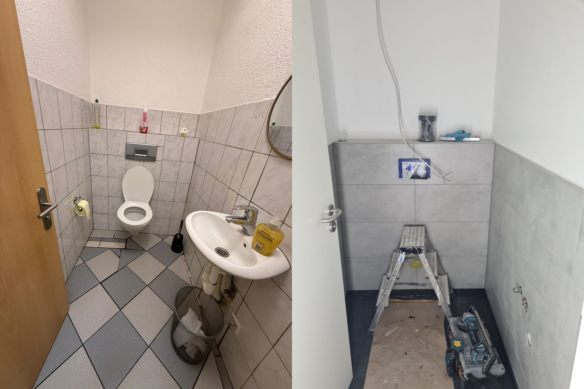 Dzielone ujęcie łazienki: po lewej stronie widok na toaletę, umywalkę i biało-szare płytki, po prawej w trakcie montażu szare płytki ścienne, drabina i narzędzia.