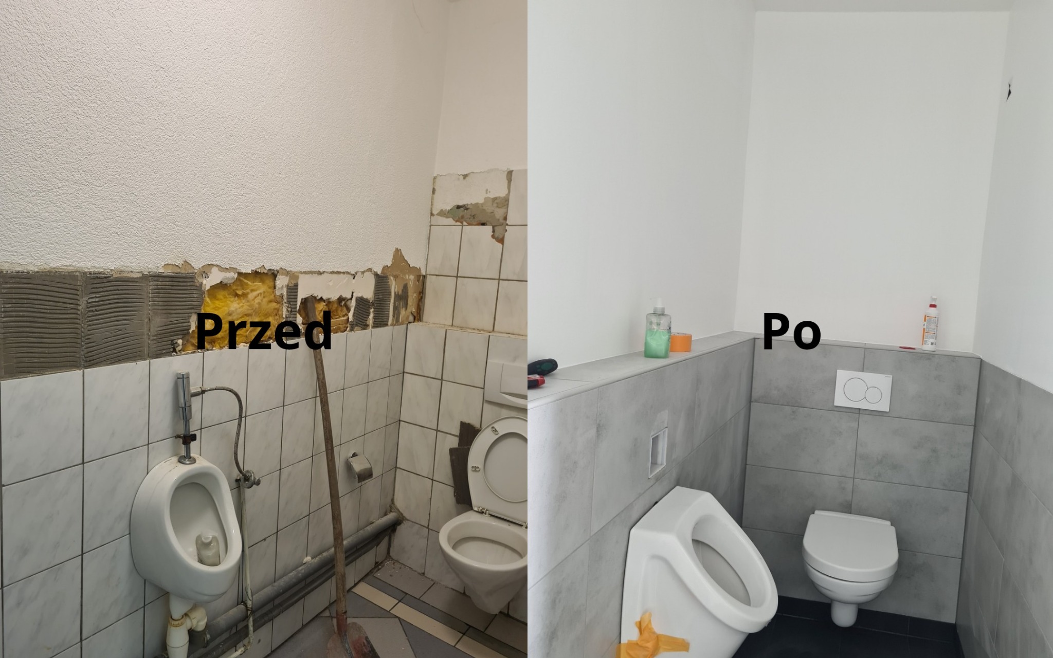 Porównanie stanu łazienki przed i po: widoczne usunięte stare płytki, odsłonięta warstwa izolacji, oraz efekt końcowy z nowymi szarymi płytkami i sanitariatami.