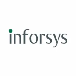 Logo firmy Infosys z zieloną kropką nad literą 'i', w odcieniach szarości, na białym tle. Minimalistyczny design.