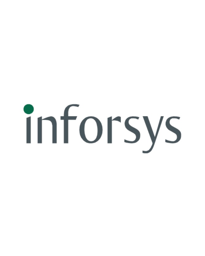 Logo firmy Infosys z zieloną kropką nad literą 'i', w odcieniach szarości, na białym tle. Minimalistyczny design.
