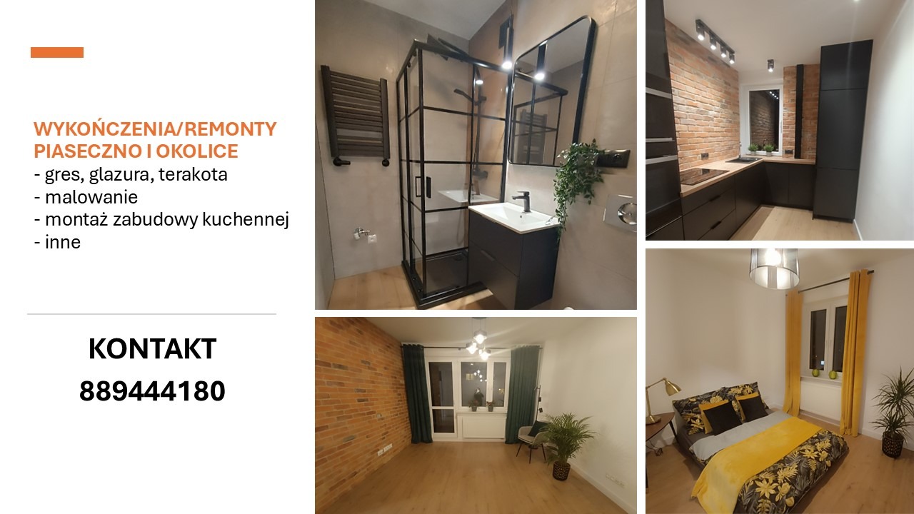 Kolaż zdjęć przedstawiających wnętrza po remoncie: łazienka z kabiną prysznicową w stylu loft, kuchnia z ceglaną ścianą, pokój dzienny z ceglaną ścianą i pokój z żółtymi zasłonami i pościelą.