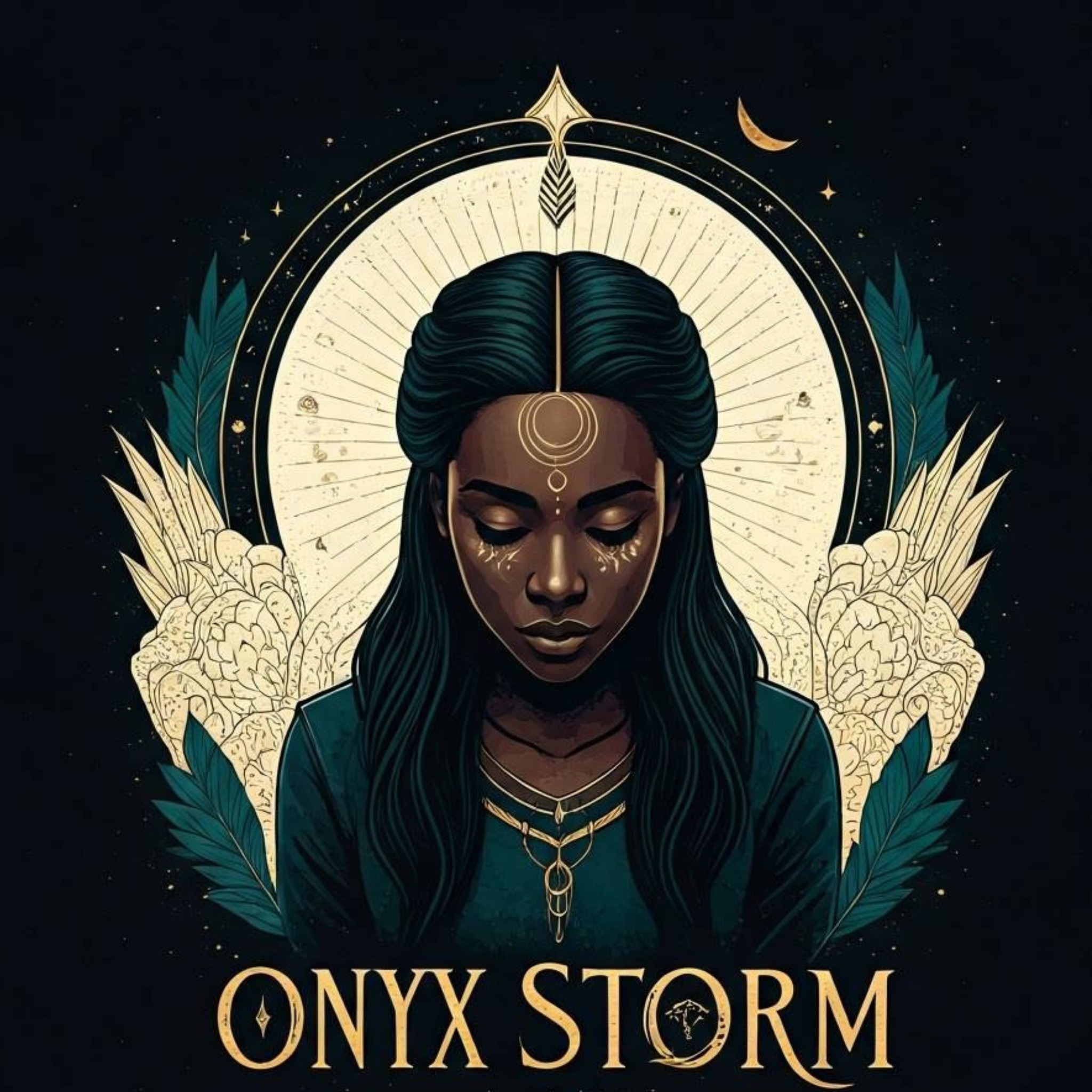 Ilustracja cyfrowa kobiety z ciemną skórą, ozdobiona złotymi symbolami na czole i policzkach, na tle stylizowanego słońca i skrzydeł, z napisem 'ONYX STORM' u dołu.