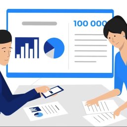 AISA Media Tomasz Kwartowicz - Ilustracja przedstawia dwie osoby analizujące dane: mężczyzna korzysta z tabletu, a kobieta przegląda dokumenty; w tle wykresy słupkowe, kołowe i liczba 100 000 na ekranie.