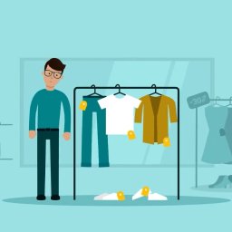 AISA Media Tomasz Kwartowicz - Animowana ilustracja sklepu odzieżowego: mężczyzna w okularach, wieszak z ubraniami (spodnie, koszulka, kurtka), sukienki na wieszaku w tle, półki z butami i walizkami.