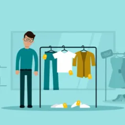 Animowana ilustracja sklepu odzieżowego: mężczyzna w okularach, wieszak z ubraniami (spodnie, koszulka, kurtka), sukienki na wieszaku w tle, półki z butami i walizkami.