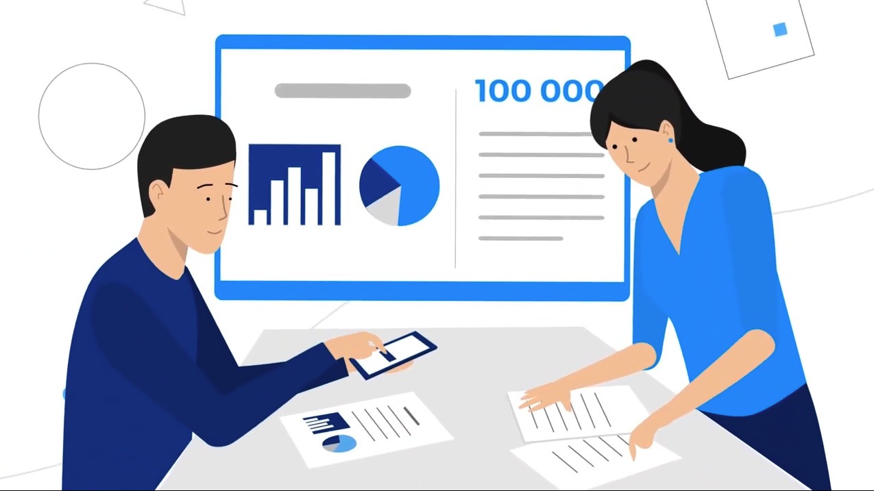 Ilustracja przedstawia dwie osoby analizujące dane: mężczyzna korzysta z tabletu, a kobieta przegląda dokumenty; w tle wykresy słupkowe, kołowe i liczba 100 000 na ekranie.