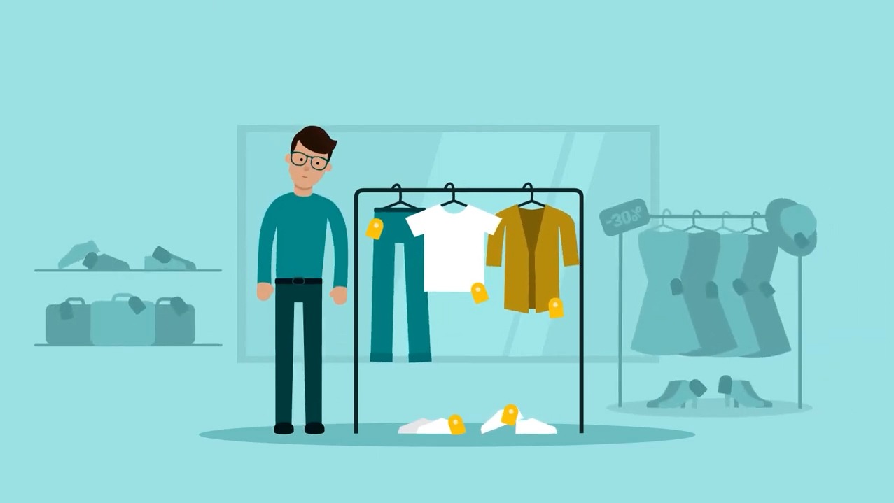 Animowana ilustracja sklepu odzieżowego: mężczyzna w okularach, wieszak z ubraniami (spodnie, koszulka, kurtka), sukienki na wieszaku w tle, półki z butami i walizkami.