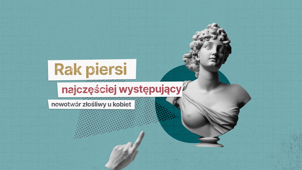 Grafika informacyjna o raku piersi z popiersiem kobiety w stylu klasycznym i ręką wskazującą na tekst na tle w odcieniach turkusu.