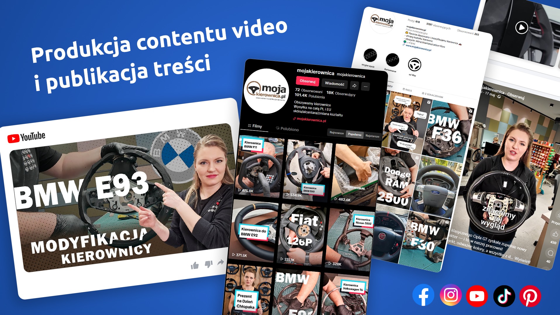 Prezentacja produkcji video o modyfikacji kierownic samochodowych na YouTube i TikToku, z widocznymi profilami 'mojakierownica'.