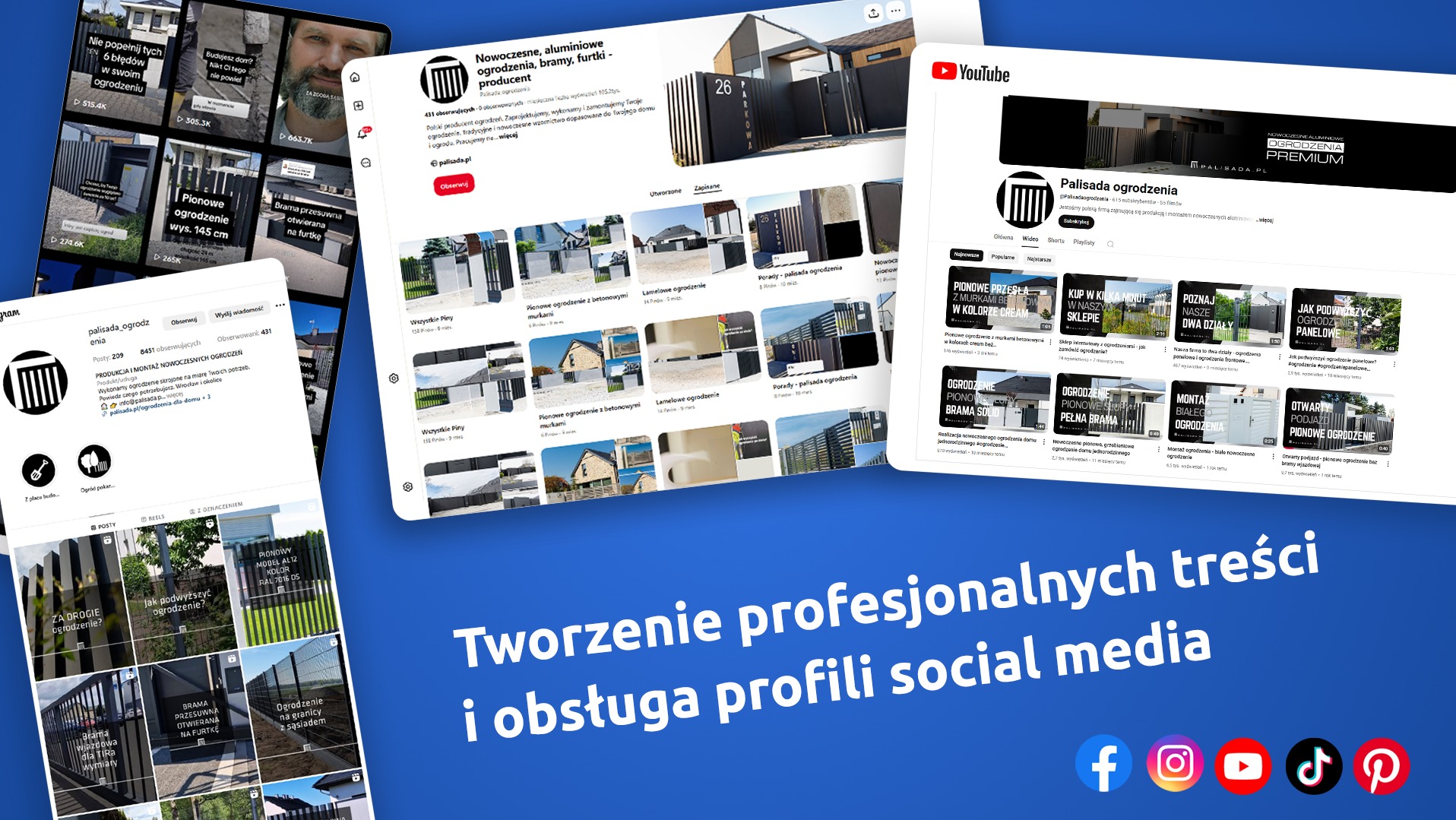 Prezentacja profili social media firmy Palisada Ogrodzenia: Instagram, Twitter, YouTube. Ekrany z postami, filmami i informacjami o nowoczesnych ogrodzeniach.