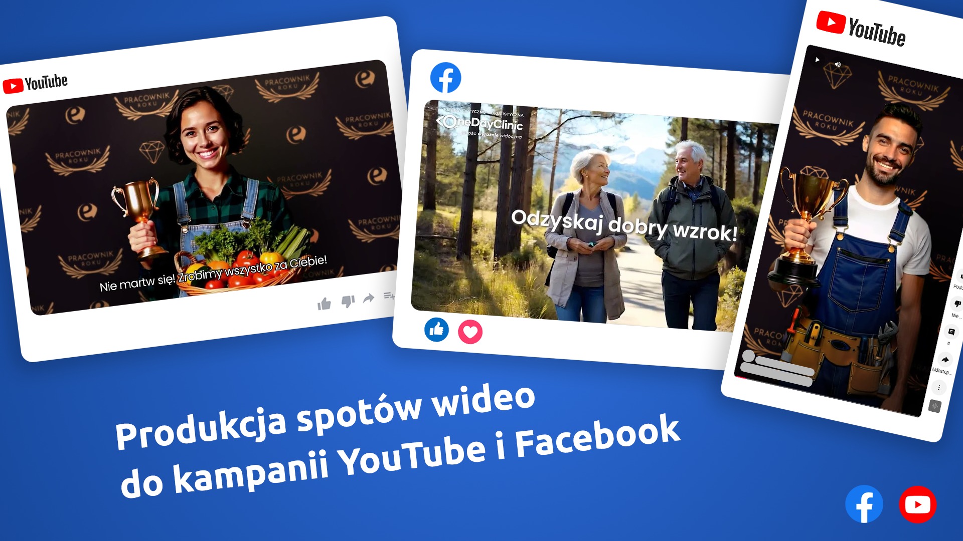 Produkcja spotów wideo na YouTube i Facebook. Ekrany z filmami: kobieta z warzywami i pucharem, para na spacerze i mężczyzna w stroju roboczym z pucharem.
