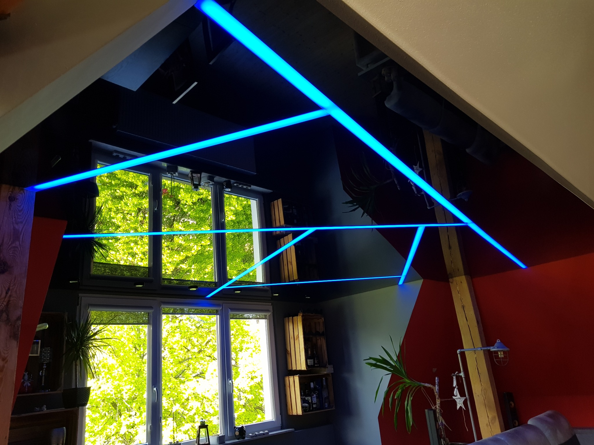 Salon z czarnym sufitem, na którym zamontowano geometryczny układ niebieskich listew LED, widok na okno z zielenią za szybą.